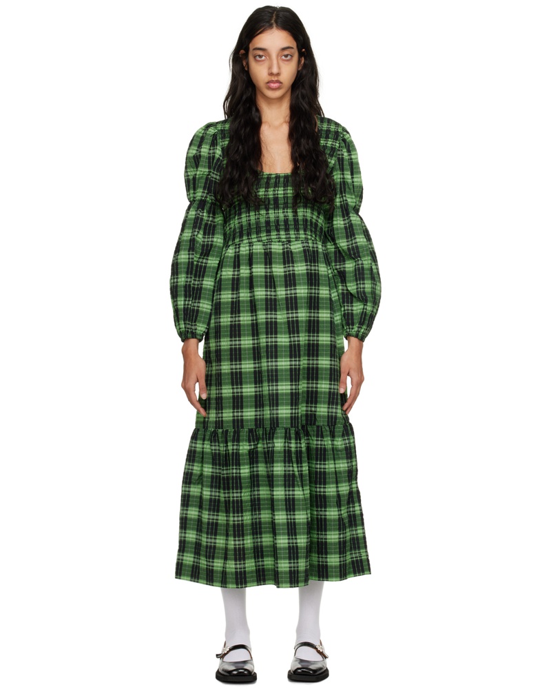 Ganni Damen Green Check Midi Dress