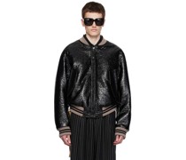Black Crinkled Faux-Leather Bomber Jacket