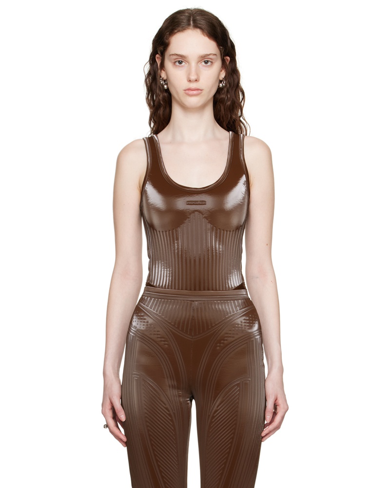 Thierry Mugler Damen Brown Embossed Faux-Leather Bodysuit