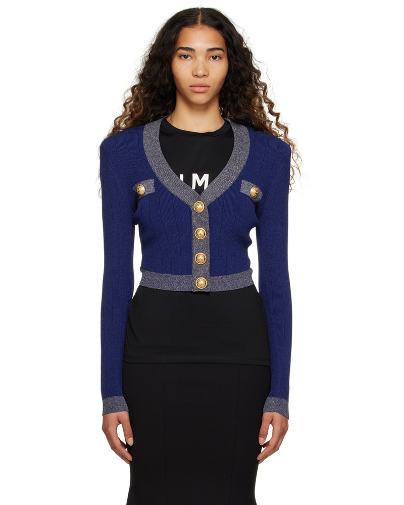Balmain Damen Navy Cropped Cardigan