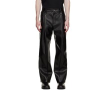 Black Pleated Faux-Leather Trousers