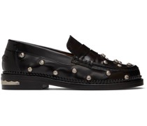 Black Leather Embellished Loafers