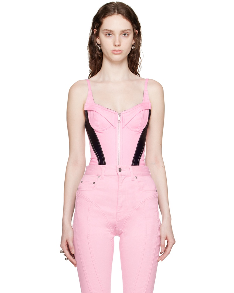 Thierry Mugler Damen Pink & Black Paneled Denim Bodysuit