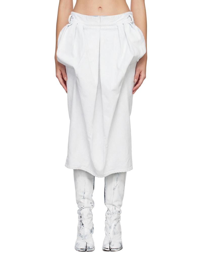 Maison Margiela Damen White Gathered Denim Midi Skirt