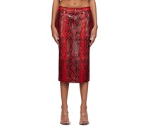 Red Snake-Embossed Leather Midi Skirt