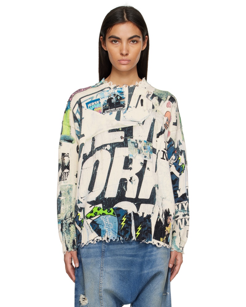 R13 Damen White Oversized Distressed Sweater
