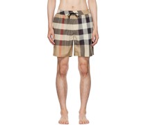 Beige Exaggerated Check Swim Shorts