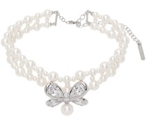 White Zirconia Butterfly Flower Braided Pearl Necklace