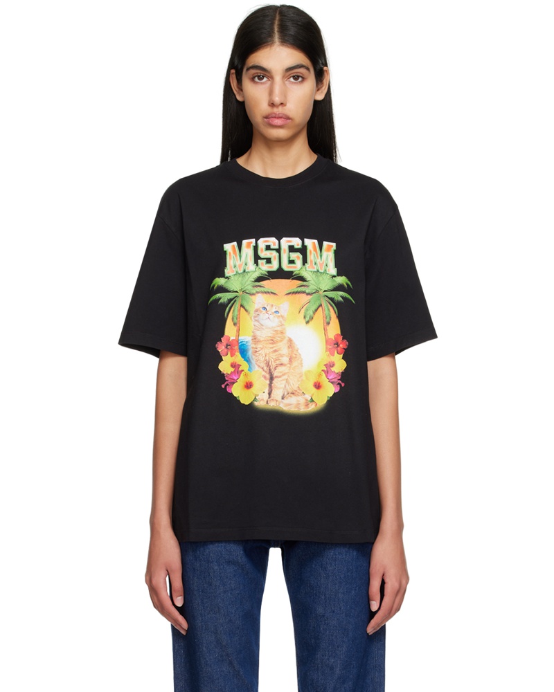 MSGM Damen Black College Cat T-Shirt