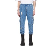 Blue Distressed Denim Cargo Pants