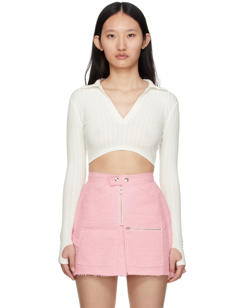 BONBOM Damen Off-White Cropped Long Sleeve Polo