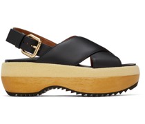 Black Wooden Sole Wedge Sandals