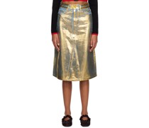 Blue & Gold Foil-Coated Denim Midi Skirt