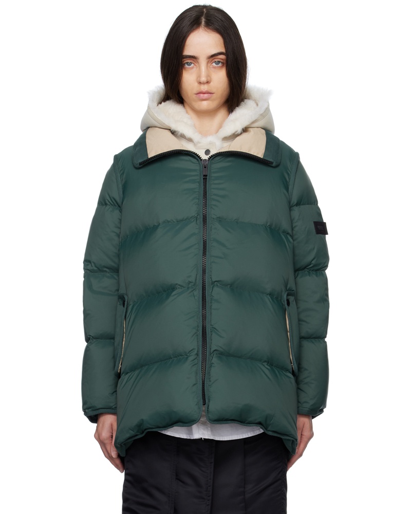 Yves Salomon Damen Green & Beige A-Line Down Jacket Yves Salomon Damen Green & Beige A-Line Down Jacket