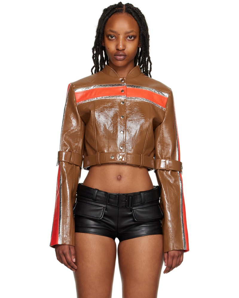 Lado Bokuchava Damen Brown Cropped Faux-Leather Jacket