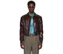 Brown Embroidered Leather Bomber Jacket