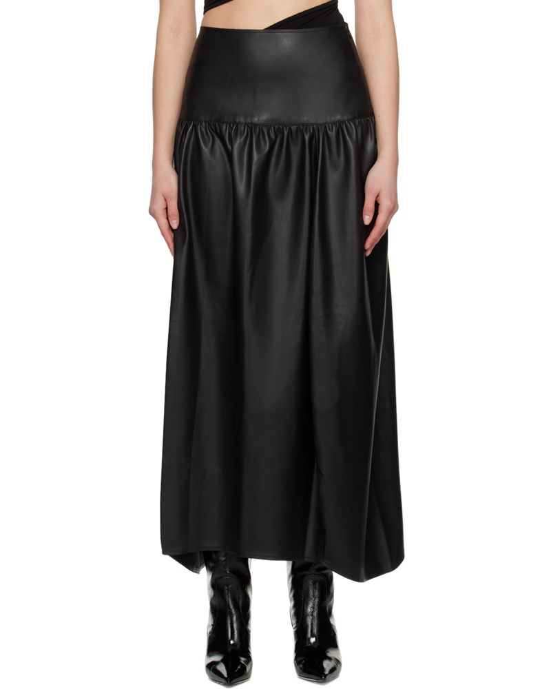 Olēnich Damen Black Sculptural Faux-Leather Maxi Skirt