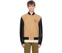 Tan & Black Stand Collar Leather Bomber Jacket