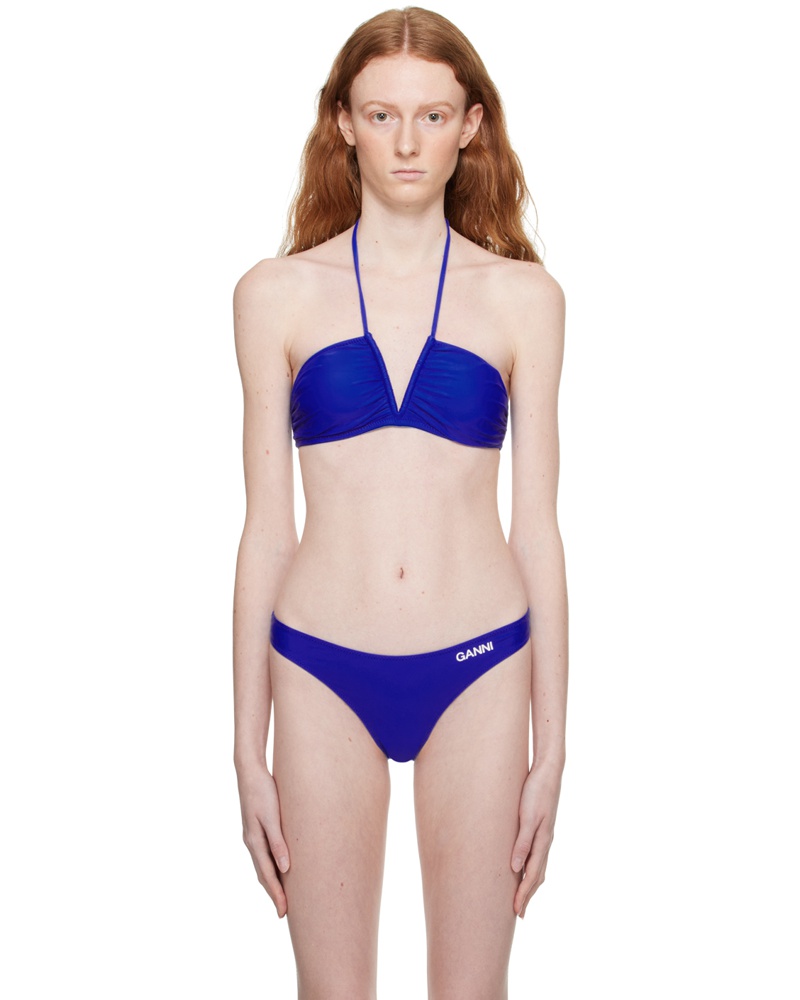 Ganni Damen Blue Ruched Bikini Top