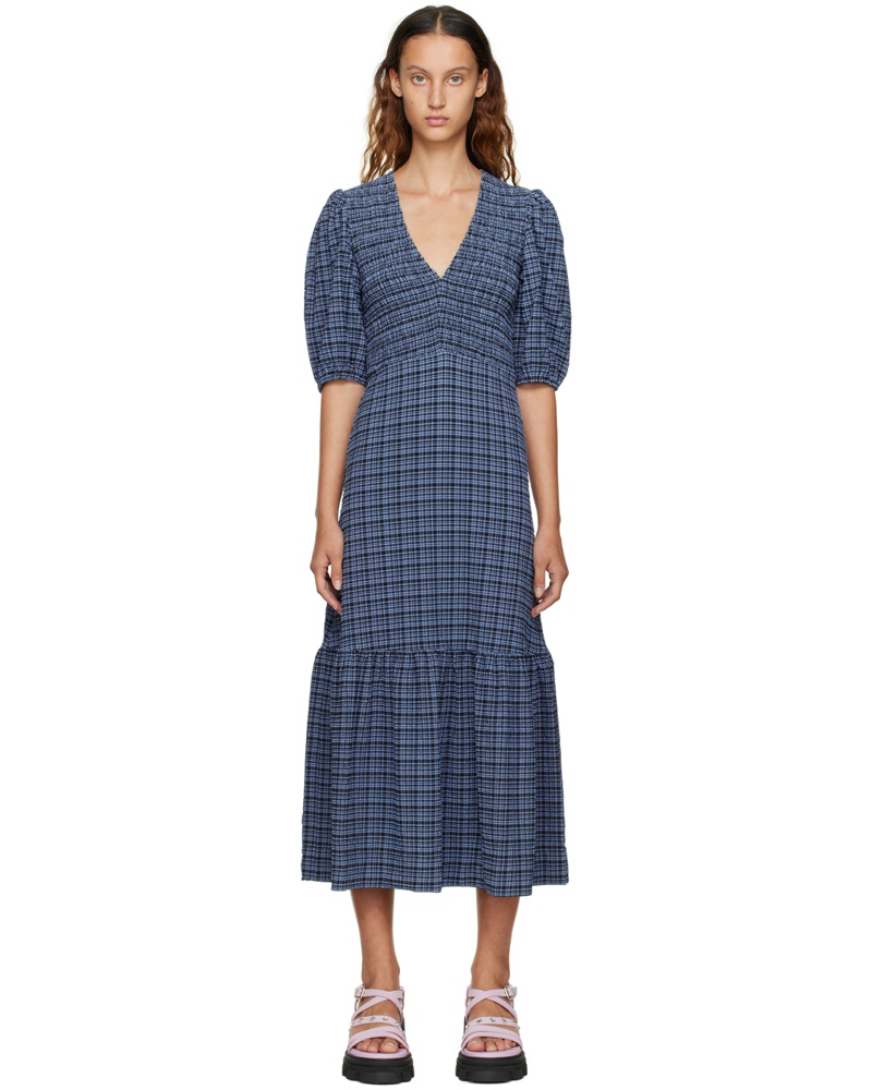 Ganni Damen Black & Blue Checked Midi Dress