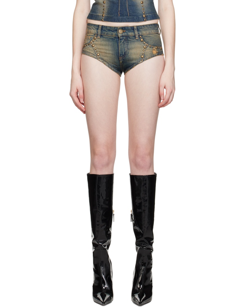 Blumarine Damen Blue Embellished Denim Shorts