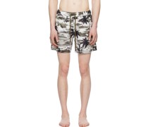 Off-White & Khaki Printed Swim Shorts