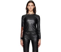 Black Crewneck Faux-Leather Long Sleeve T-Shirt