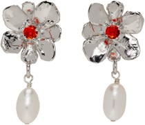 Silver Flower Pearl Drop Earrings