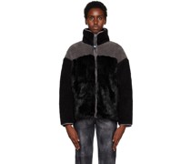 Black & Gray Paneled Zip-Up Faux-Fur Sweater