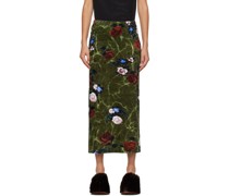 Khaki Rose Print Midi Skirt