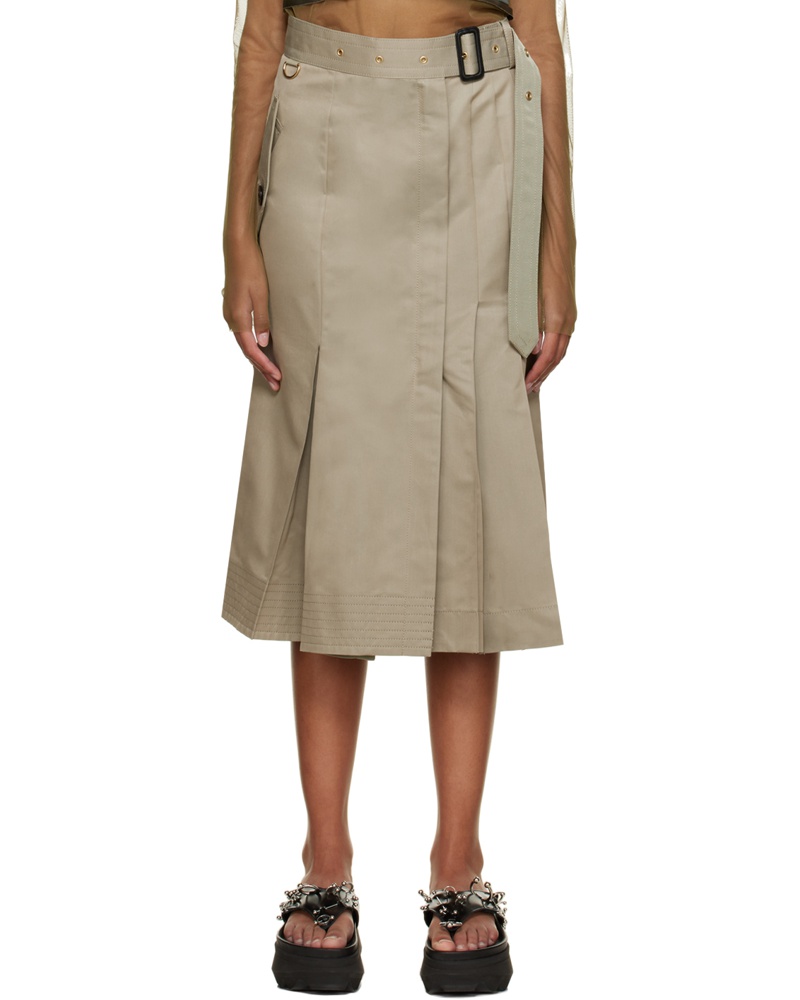 Sacai Damen Beige Pleated Midi Skirt