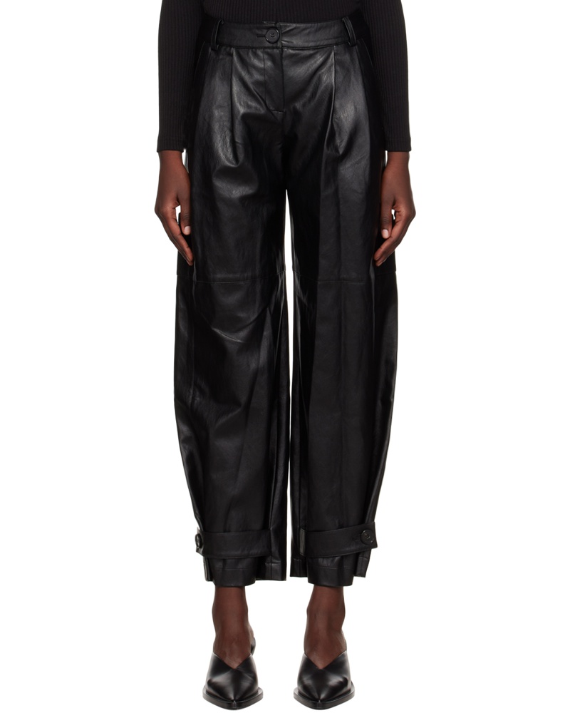 JKOO Damen Black Pleated Faux-Leather Trousers