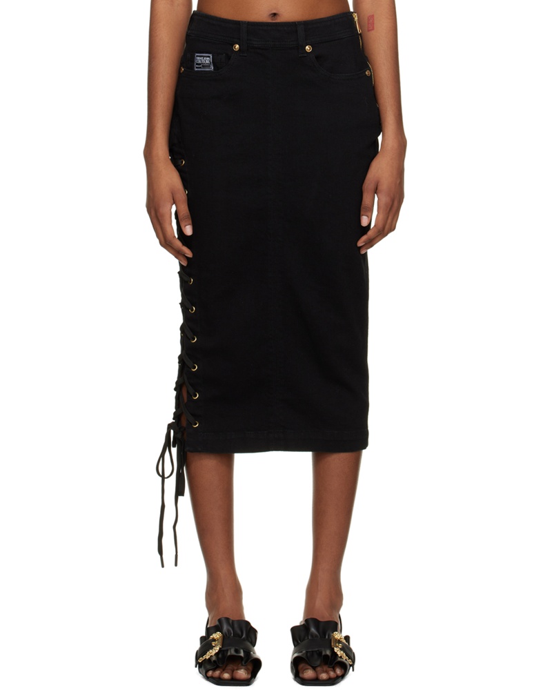 Versace Jeans Damen Black Lace-Up Denim Midi Skirt