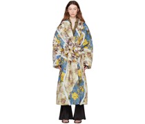 Beige & Blue Patch Flower Print Coat