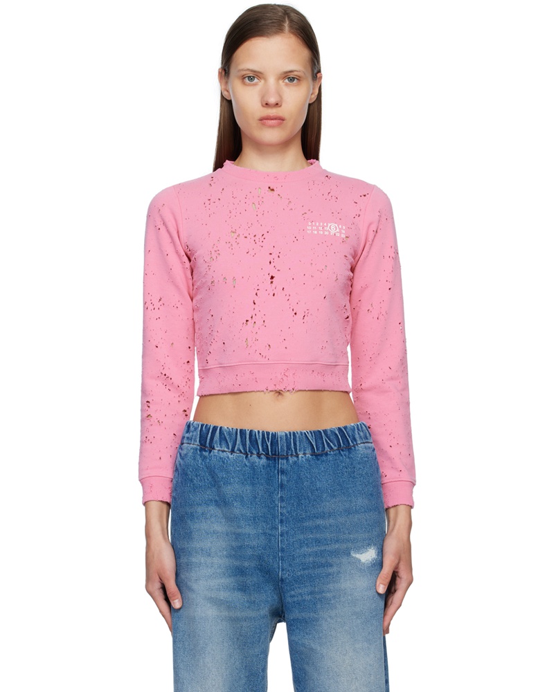 Maison Margiela Damen Pink Distressed Crewneck Sweatshirt