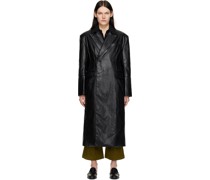 Black Double-Breasted Faux-Leather Coat