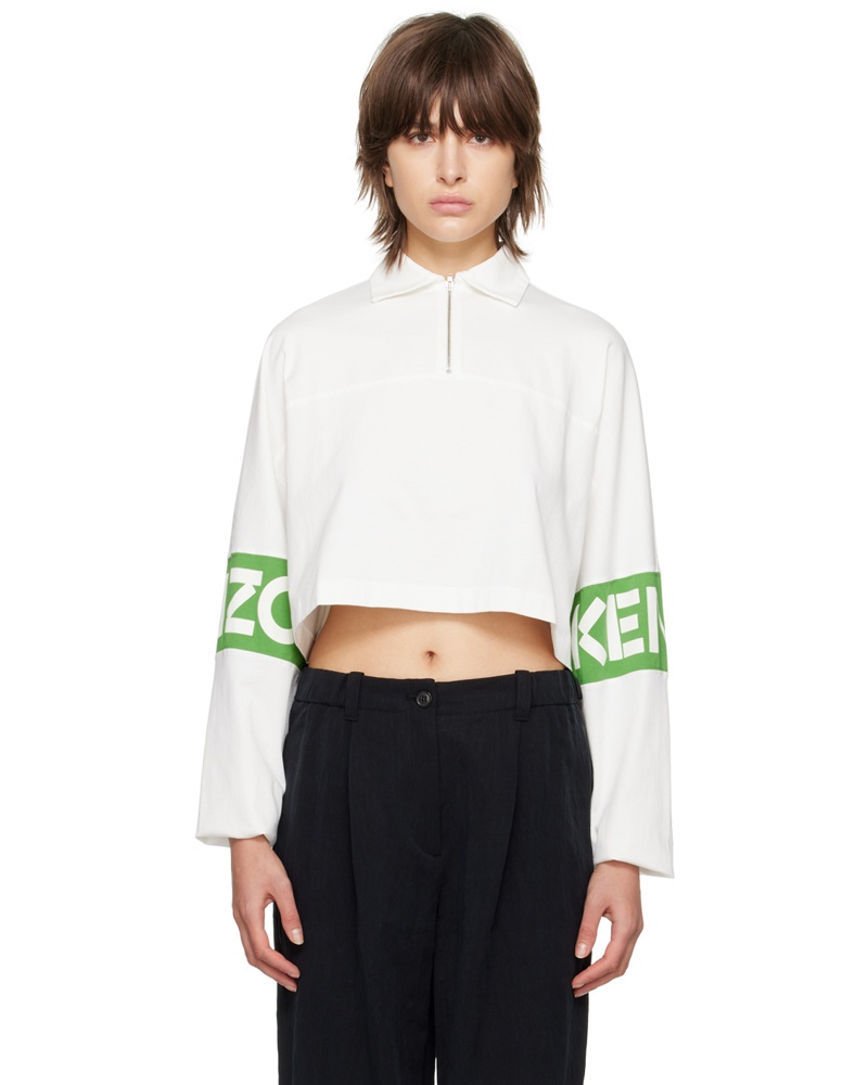 Kenzo Damen Off-White Paris Cropped Long Sleeve T-Shirt