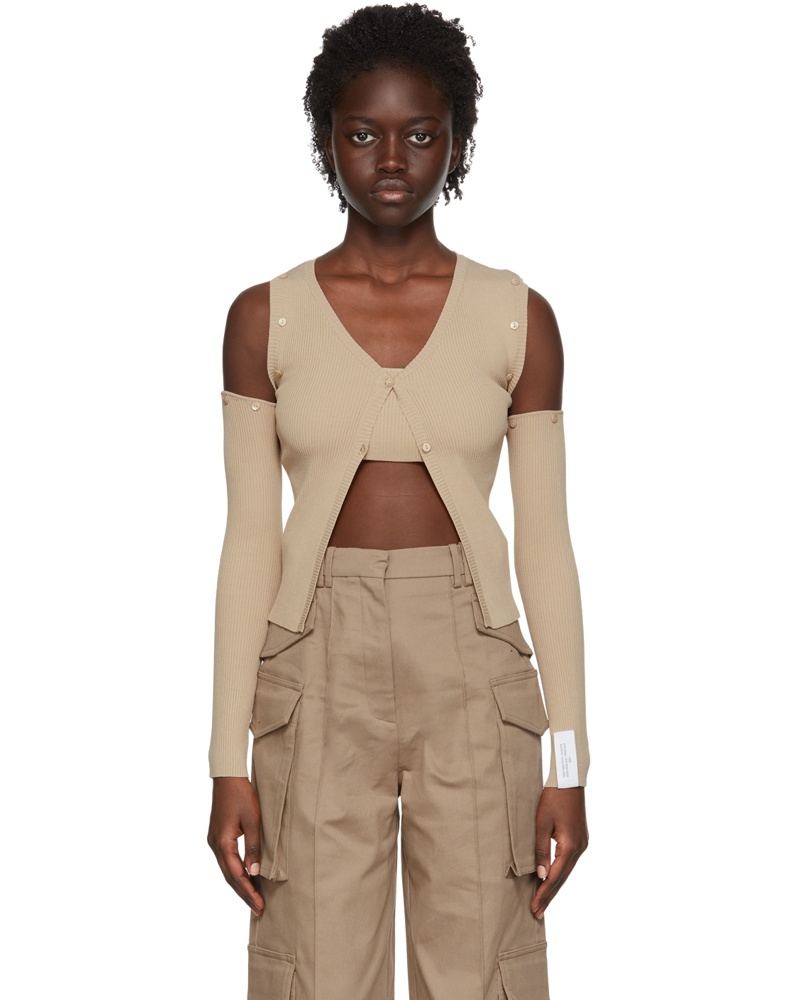 Rokh Damen Beige Viscose Cardigan & Tank Top Set