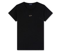 T-Shirt aus Interlock-Baumwolle mit Shark-Applikation, Frau, Black, Größe: S