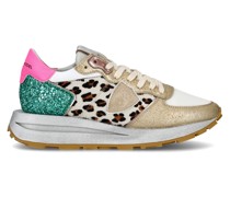 Flache Tropez Haute Sneakers für Damen – Weiß, Fuchsia und Animal-Print