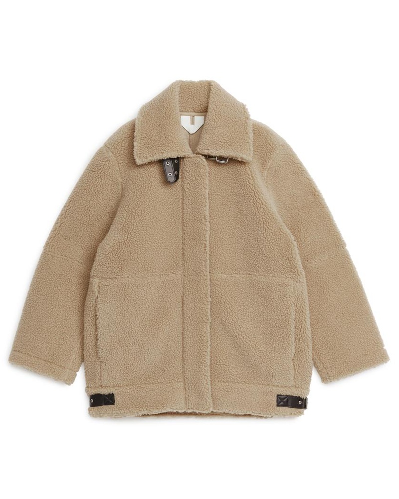 Arket Damen Oversize-Teddyjacke Mit Lederbesatz
