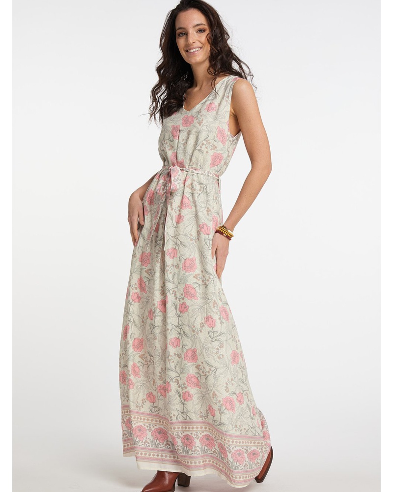 Usha Damen Maxi-Kleid Viskose weiß gemustert