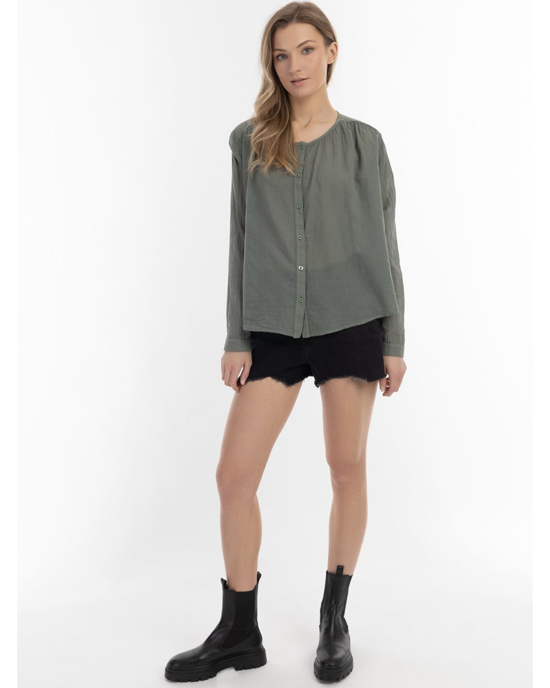 DreiMaster Damen Langarmbluse Baumwolle oliv