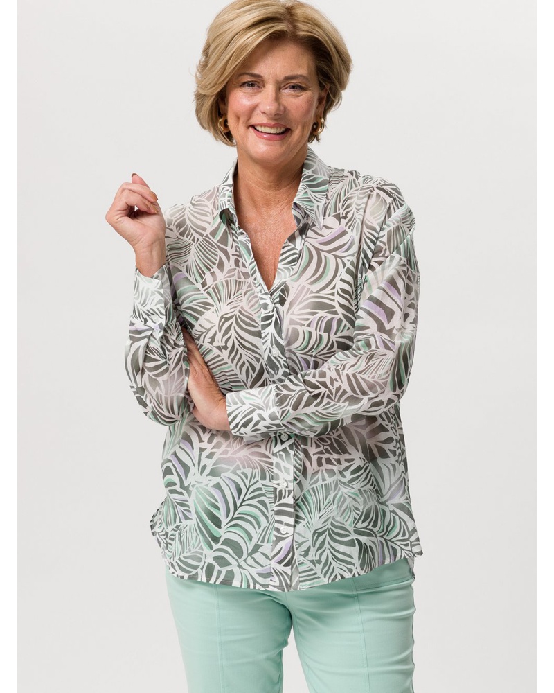 Frank Walder Damen Longbluse Baumwolle khaki gemustert