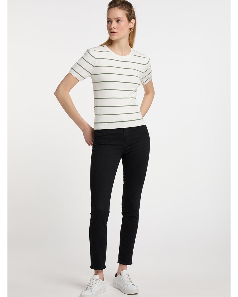 DreiMaster Damen Kurzarm-Pullover Viskose oliv gestreift