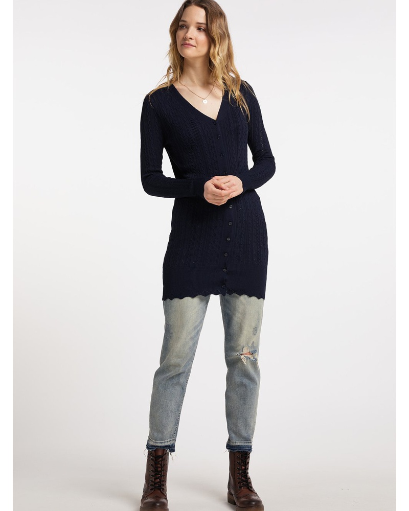 DreiMaster Damen Long Cardigan aus Ajourstrick Viskose marine strukturiert