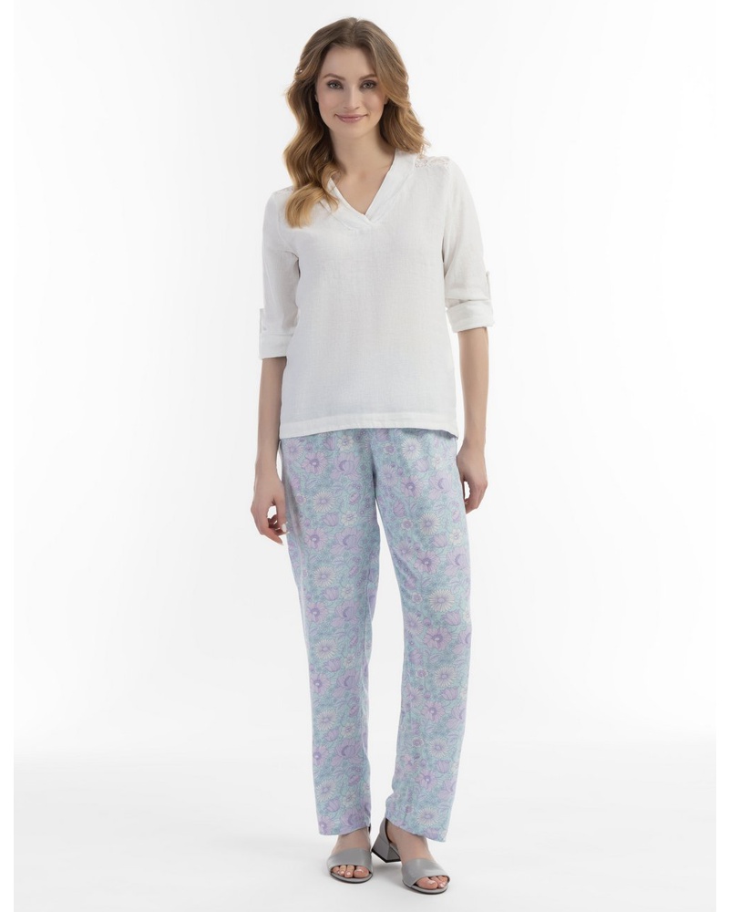 Usha Damen Blusenshirt mit Spitze Leinen