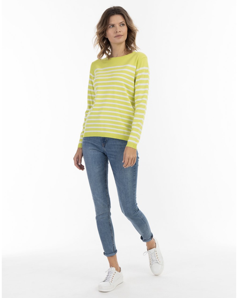 Usha Damen Strick Pullover Viskose weiß gestreift