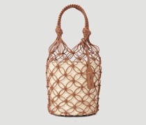 Leather Mesh And Straw Bucket Bag