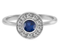 Verlobungsring mit Diamanten im Halo-Stil mit blauen Saphir Becke